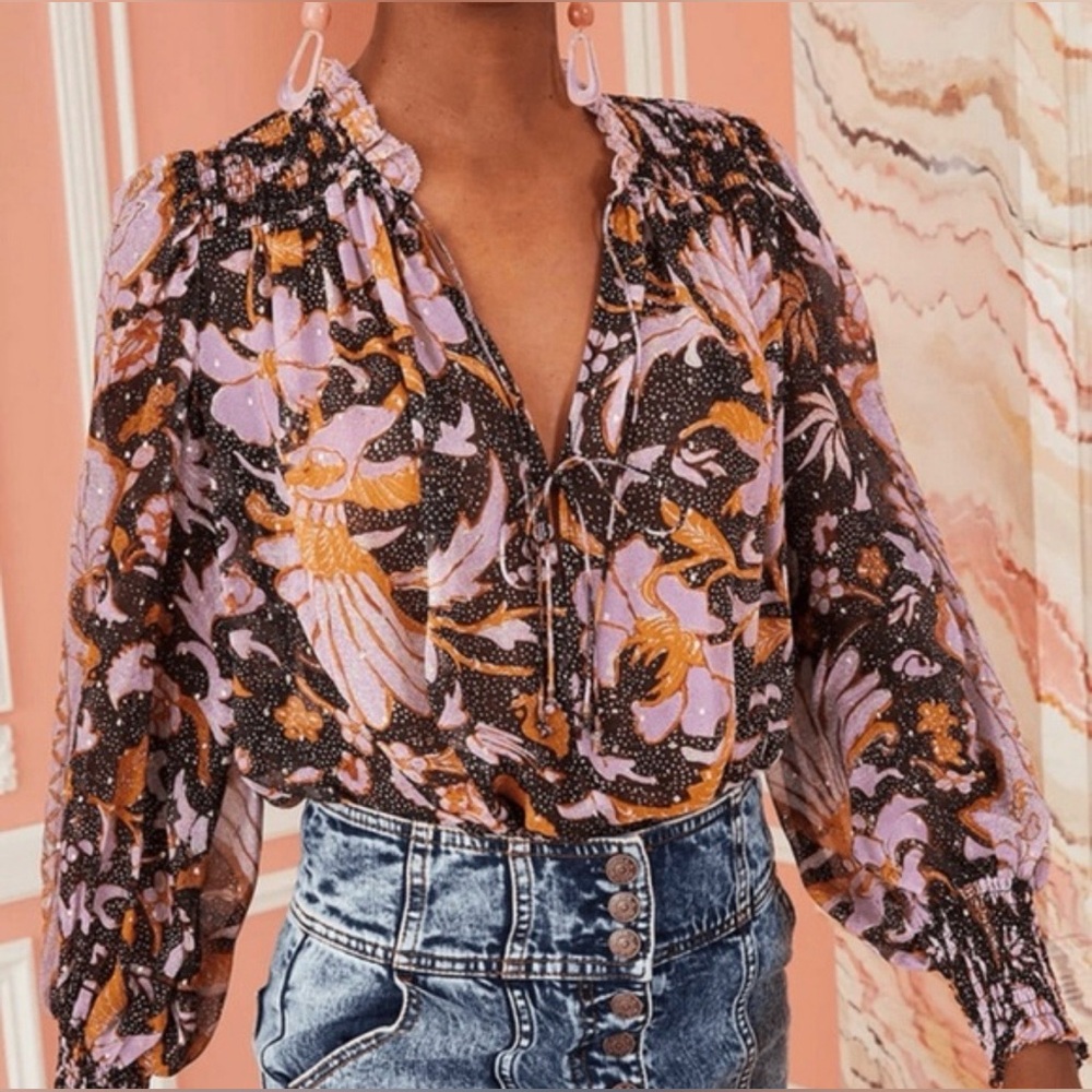 OPT Anthoropologie Fall Floral Chiffon‎ Blouse Boho Whimsical Shimmer Sheer